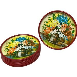 Vintage‎ 50’s Coasters Red Floral Aluminum Tin Can Painted